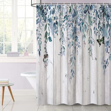 Шторка для душу 180x220 см, антигрибкова, з тропічним дизайном (пальмові листя, евкаліпт, гриби), водонепроникна, поліестер, для ванної кімнати, з 12 гачками (блакитна)