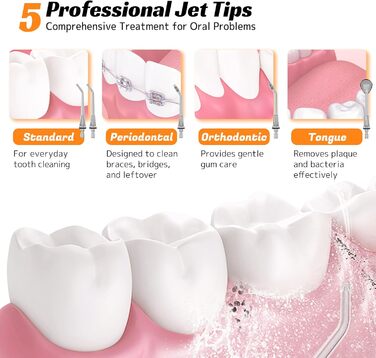 Бездротова електрична ірригатор для порожнини рота FlossJet з 4 режимами, 5 насадками, об'єм 300 мл, USB-C, чорний