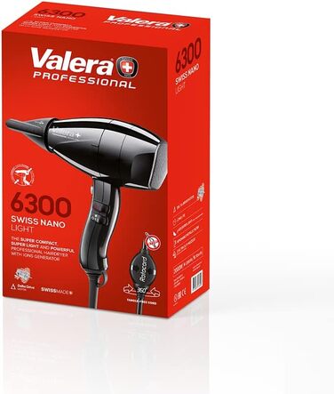 Професійний іонний фен Valera Swiss Nano 6300 Light, зручний легкий і компактний, для швидкого сушіння, очищення повітря Sanify, 2000 Вт, колір чорний