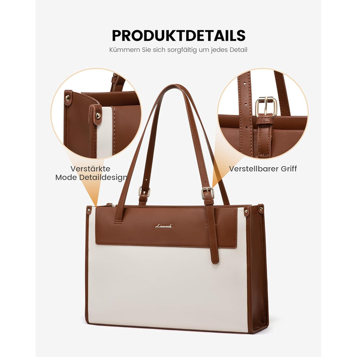 LOVEVOOK Сумка для ноутбука, жіноча велика водонепроникна сумка-шоппер, ділова сумка-акселуар, з PU шкіри, 15.6 дюймів (Коричневий+бежевий)