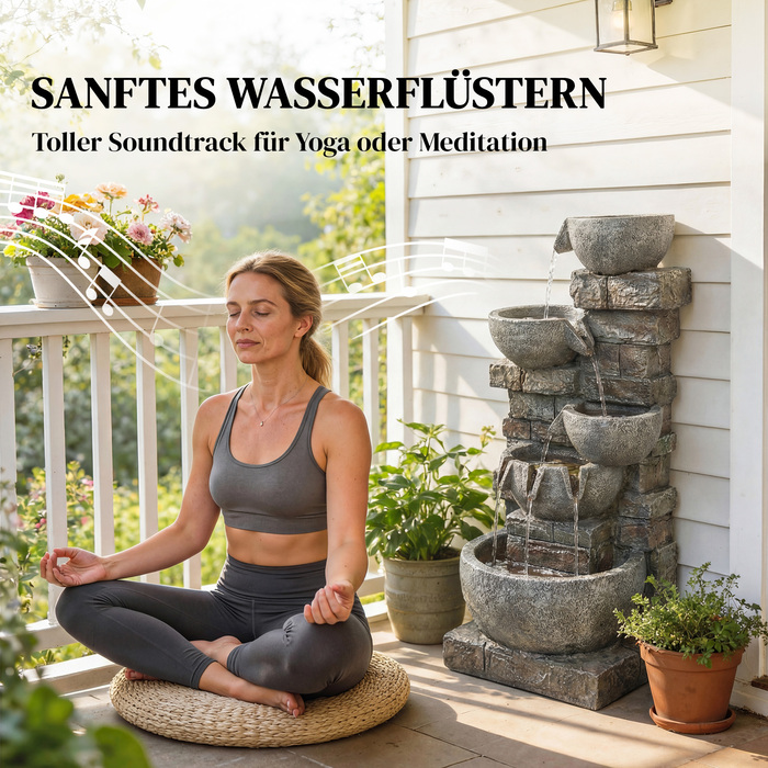 Декоративний фонтан для саду з штучного каміння, п'ятирівневий, з LED-підсвіткою та насосом, імітація каменю, розміри 34 x 36 x 80 см