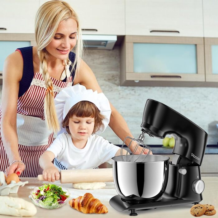 Кухонна машина Vezzio для випічки, 5.5л, 1500Вт, планетарне мішування, з набором насадок (чорна)