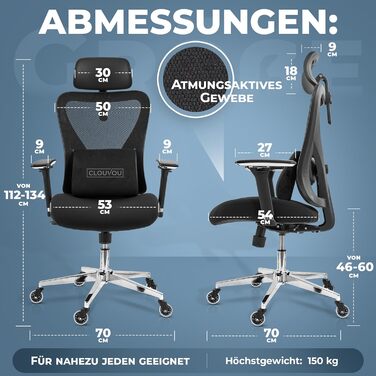 Крісло офісне Clouvou CleverSeat Ergonomiczne: регульоване, для офісу та геймінгу, чорне, до 150 кг