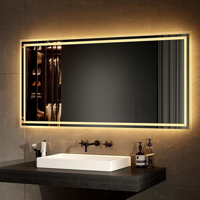 LED дзеркало для ванної кімнати EMKE 40x60 см з підсвічуванням, протитуманне, холодний/теплий білий світ, кнопка, алюмінієва рама, IP44, енергозберігаюче