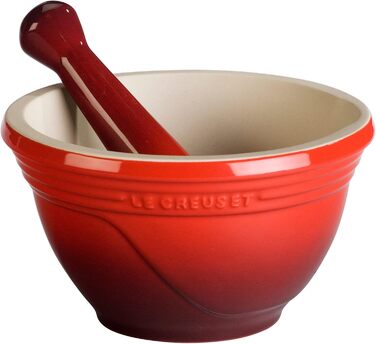 LE CREUSET Мörser und Stößel (Товкач та пестик), Глазурований керамічний, Ø 11.5 см, 360 г, 300 мл, Червоний
