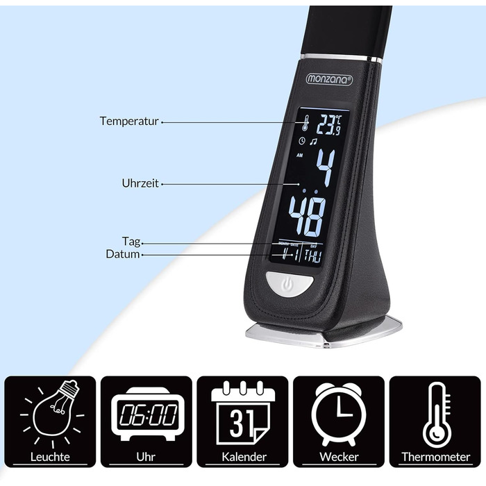 Настільна лампа з годинником, будильником, температурою, календарем, з можливістю затемнення, чорний