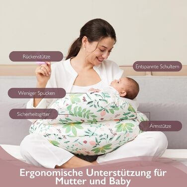 Подушка для годування Momcozy Stillkissen з захисним бордюром - ергономічна подушка для годування та позиціонування з регульованим ремінцем та знімним бавовняним чохлом, Meteoritenschauer (зелений)