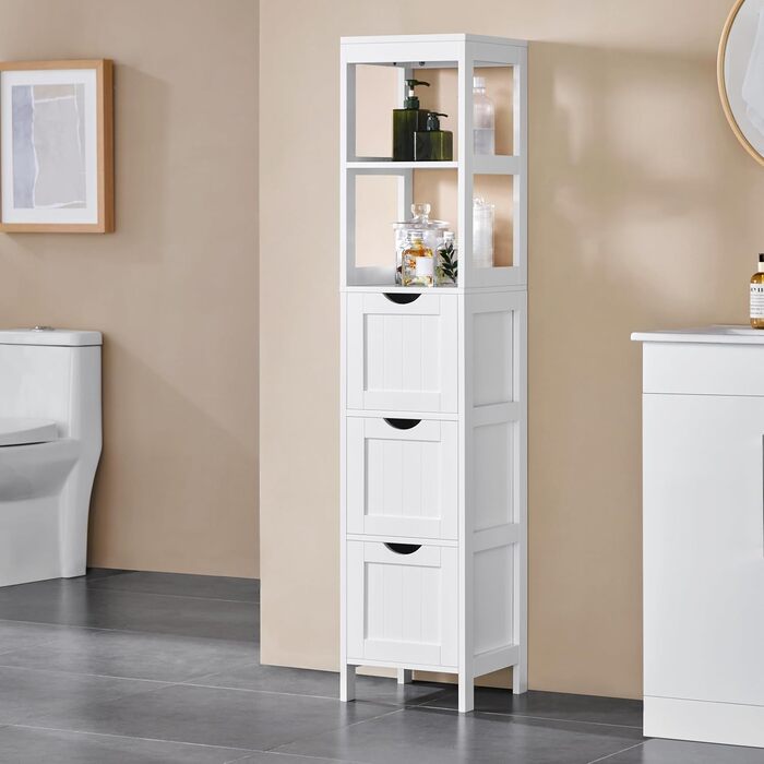 Шафа у ванну кімнату Yaheetech з 3 висувними ящиками та 2 відкритими полицями, 30 x 30 x 142 см, біла