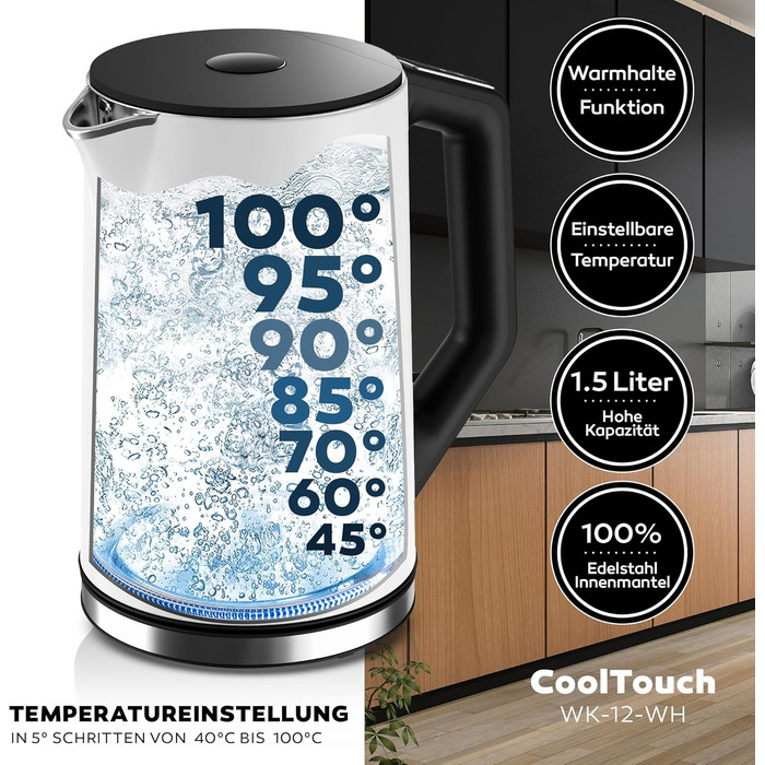 Електричний чайник BALTER з регулюванням температури, 40°C-100°C, подвійні стінки, без BPA, тихий та бездротовий, 1.5L, 2200W, білий