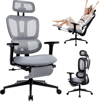 Ергономічне крісло для офісу з підніжкою, висока спинка, 2D-підголівник, відкидні підлокітники, сидіння з губки, сітчастий офісний крісло, крісло для керівника, комп'ютерне крісло для дорослих (сірий)