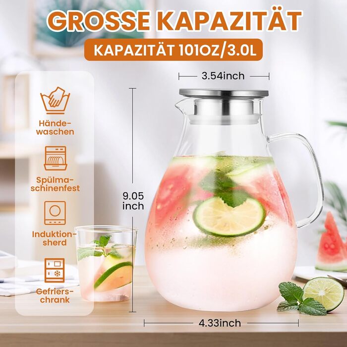 Скляна карафа SUSTEAS 3.0 л з кришкою та носиком для води, еспресо, кави, соку, вина