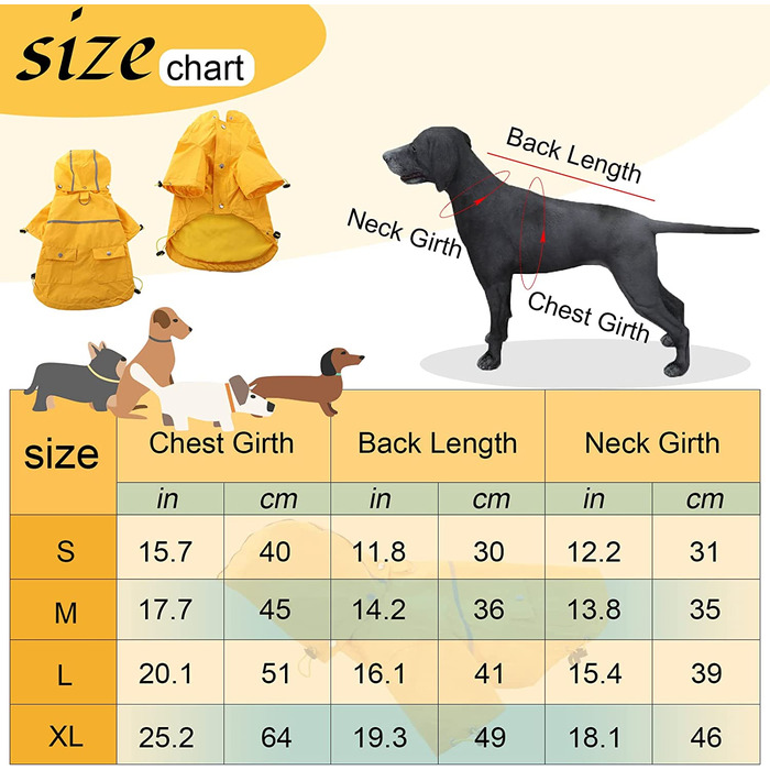 Водонепроникне пальто для собак, дощовик для собак зі знімним капюшоном, дощовик для собак, дощовик для собак, пончо від дощу із захисною світловідбиваючою смугою для маленьких собак середнього розміру (Жовтий, L) L жовтий