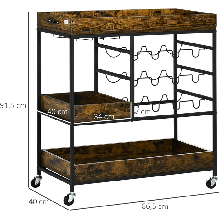 Візок для кухні HOMCOM, візок з гальмами, підставки для пляшок і тримачі для склянок, сільський коричневий, 86,5x40x91,5 см