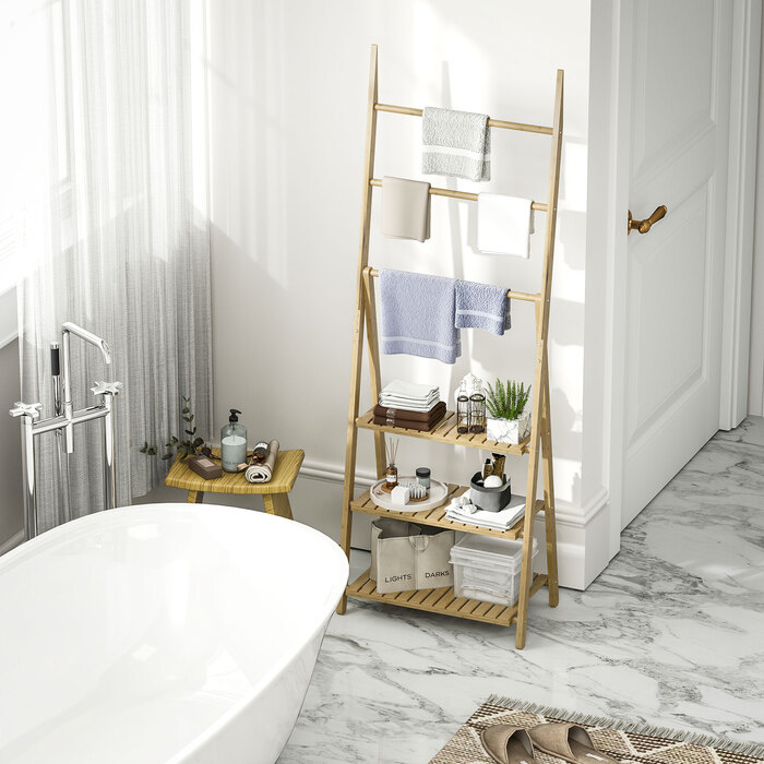 Трирівнева полиця для ванної кімнати, 3 тримачі для рушників, бамбуковий каркас, у формі літери А, решітчасті полиці