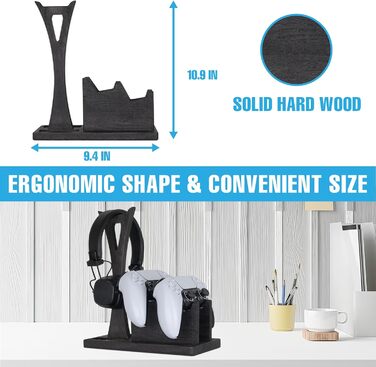 Організатор для геймерських контролерів з підставкою для навушників – дерев'яний аксесуар для ігор, чорний колір