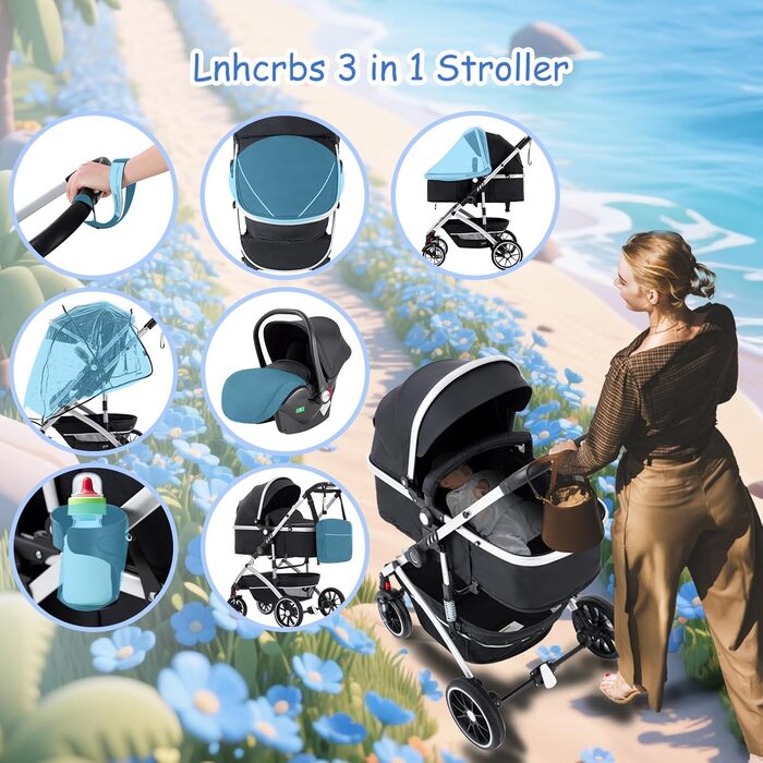 Дитяча коляска 3 в 1, туристична, швидко складається, з фіксацією передніх коліс, для дітей 0-4 роки (сірий)