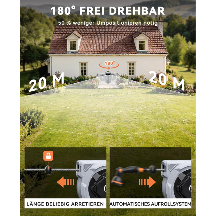 Шланговий барабан SUNPOW настінний 30м, 16 мм - автоматичний згортач з фіксацією, поворотна стіна, 10 функцій для саду, тераси та двору