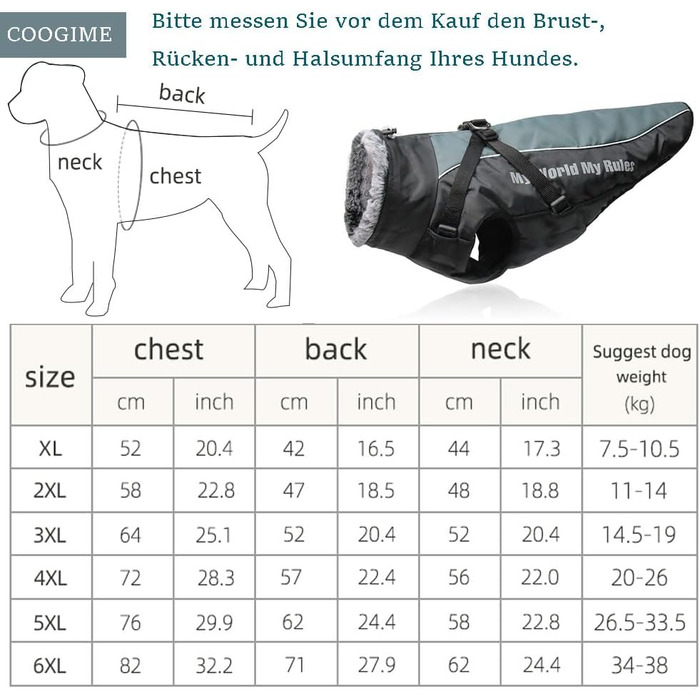 Водонепроникна світловідбиваюча зимова куртка для собак Coogime, чорна, розмір 5XL для середніх/великих собак