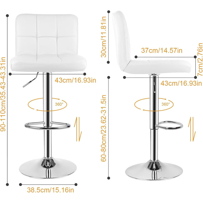 Набір з 2 барних стільців, регульовані по висоті, PU шкіра, поворотні, зі спинкою, білий