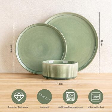 Набір посуду GBhome з 12 предметів для 4 осіб (стеїнгут), ручна робота, реактивна глазур, зелений, мікрохвильова та посудомийна машини
