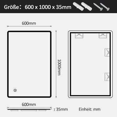 LED дзеркало для ванної кімнати Boromal 100x60 см з підсвічуванням, 3 колір світла, регулювання яскравості, сенсорне керування