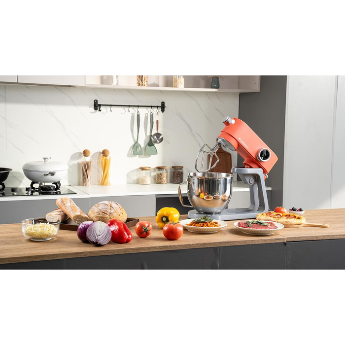 Кухонна машина 5л з місткою чашею з нержавіючої сталі, для тіста, піци, з таймером та 8 рівнями швидкості, з набором насадок (міксер, гак для тіста, вінчик)
