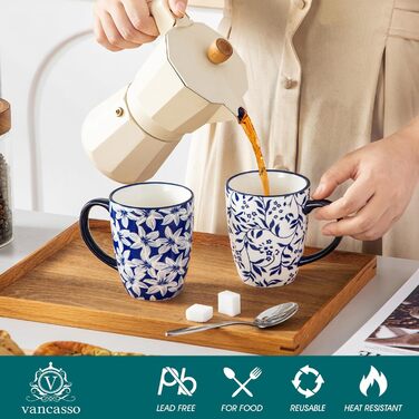 Набір кавових чашок Vancasso Selene, 6 шт., 360 мл, блакитно-білий вінтажний дизайн