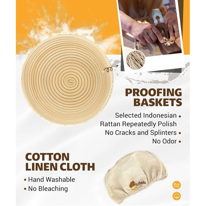 Набір для приготування закваски для початківців: бродові корзини (22.9 см та 25.4 см), склянка для закваски 1000 мл, аксесуари для випічки з індонезійського ротангу