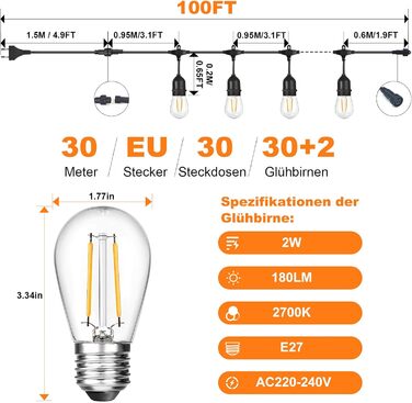 BRIMAX 30M LED гірлянда для вулиці, 220-240V, IP44, 46+4 лампочки G40 E12 1W, 2200K тепле біле світло, розширювана гірлянда для кемпінгу, ярмарку, саду, вечірки