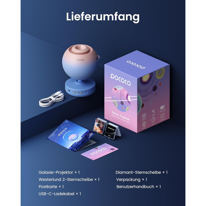 Проєктор зоряного неба POCOCO Sternenhimmel: LED-проектор галактики, планетарій для дітей та дорослих, нічник з ауророю, 2 диски, таймер, рожево-блакитний