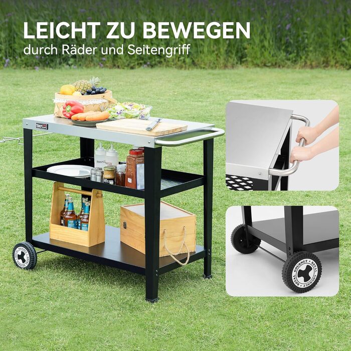 Сервісний візок Royal Gourmet з 3 ярусами, контейнер для сміття, візок для кухні, приставний столик, гриль Plancha, візок для гриля, з нержавіючої сталі, срібний, робоча поверхня 85 x 50 см