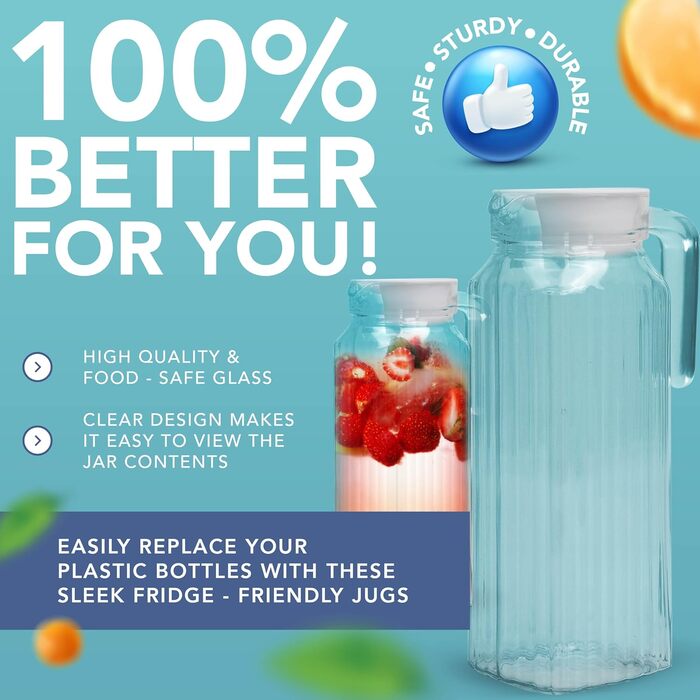 Скляний глечик для холодильника (2 шт.) об'ємом 1 літр з кришкою, рифлений дизайн, не протікає, вентильована кришка для гарячої/холодної води, чай, кава, молоко