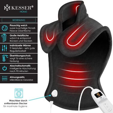 Електричне грілка для спини, шиї та плечей KESSER® з таймером, 9 температурних режимів, 60x85 см, з ремінцем для талії, пульт дистанційного керування, антрацит