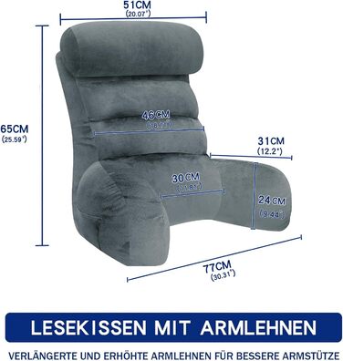 Підлогове крісло-мішок для читання з підлокітником, сіре, 65x30 см