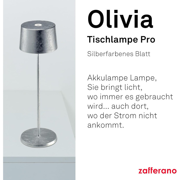 Zafferano Olivia Pro - портативна LED-лампа з торшером, сенсорне керування, регулювання яскравості, 2700-3000K, для дому та саду (сріблясте листя)