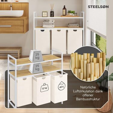 STEELSØN Rigil Кошик для білизни з 2 відділеннями та полицею з бамбука – 2 шт. по 45 л, чорний металевий сортер для білизни з висувними мішками