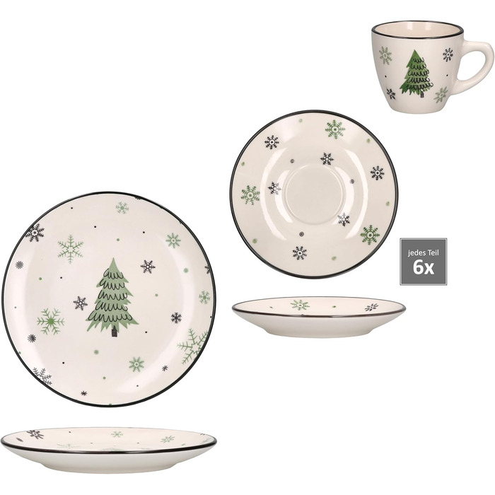 Кавовий сервіз MamboCat на 6 осіб з різдвяним декором (18 предметів) | Керамічний сервіз з прикрасами ялинки та сніжинок