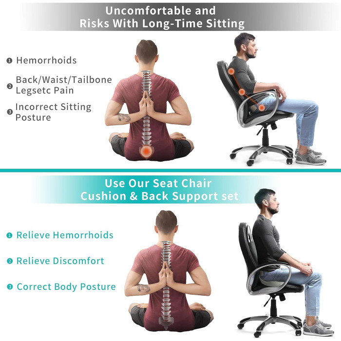 Набір подушок для сидіння та підтримки спини 2 в 1, ергономічні подушки з піною з пам'яті для офісного крісла, автокрісла, інвалідного візка, сірий колір