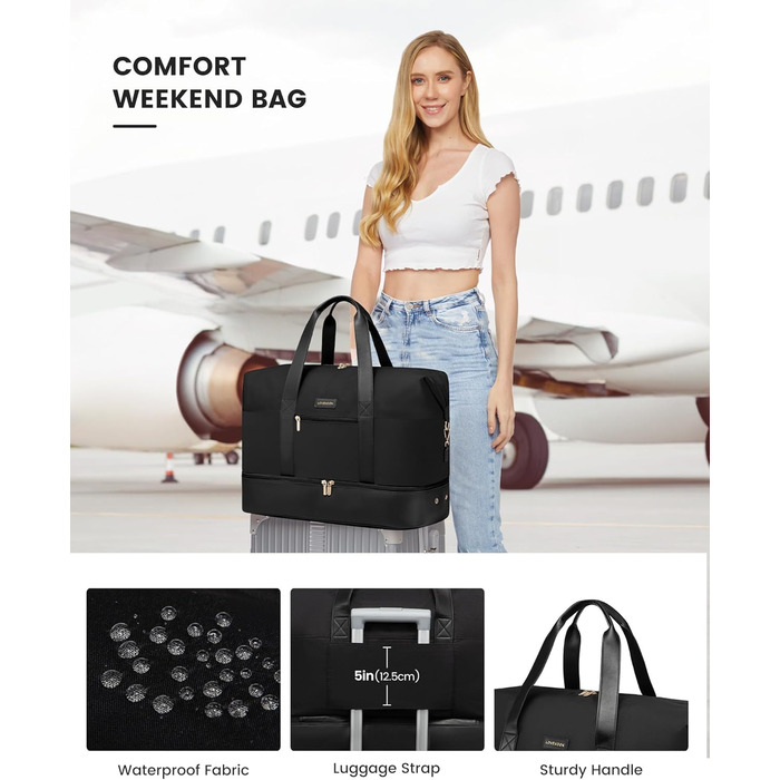 Спортивна сумка LOVEVOOK для жінок, дорожня сумка-валіза, дорожня сумка-мішок, сумка для подорожей, сумка для ручної поклажі в літак, сумка для пологового будинку, сумка для одягу з відділенням для взуття, косметичка, бежево-коричнево-чорна (чорна, 40x20x