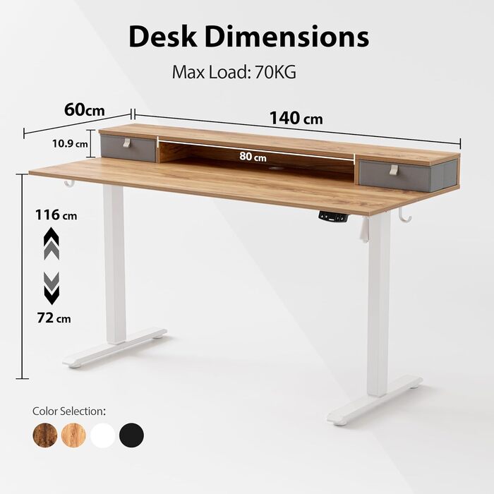 Письмовий стіл Agilestic Electric з регулюванням висоти з 2 ящиками, 140x60 см, світло-коричневий