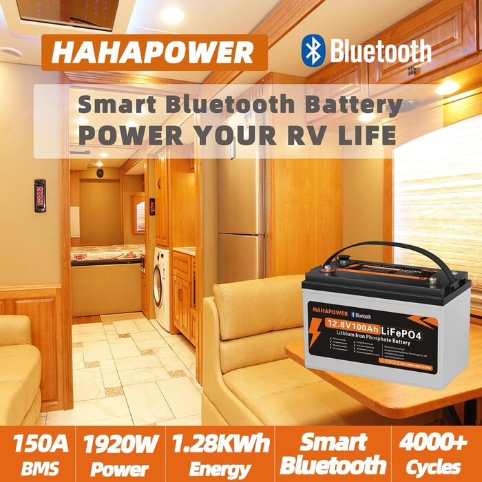 Акумулятор Hahapower 12.8V 100Ah Bluetooth LiFePO4, розумне живлення, захист від холоду, 15000 циклів, 150A BMS, для автофургонів, сонячна батарея