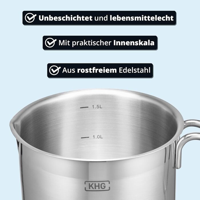 Каструля KHG 14 см з нержавіючої сталі, 1,5 л, індукційна, для всіх типів плит, з високим бортиком