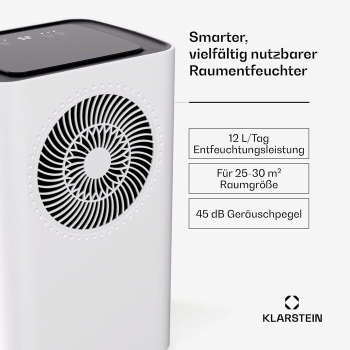 Зволожувач повітря Klarstein CircleDry 12L Smart з Wi-Fi, тихий 38dB, таймер 24г, безперервна злив, контроль вологості, для приміщень до 24м², білий