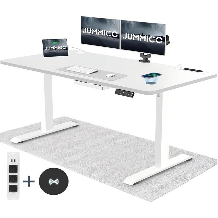 Електричний стіл JUMMICO з регулюванням висоти, бездрожною зарядкою та євро-розеткою USB, 160x80 см (білий)