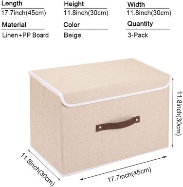 Коробка для зберігання Yawinhe з 3 предметів з кришкою, складна кошик для зберігання одягу з лляної тканини для рушників, книг, іграшок, одягу (45x30x30 см, бежевий)