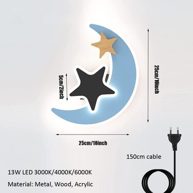 Світлодіодний місячний настінний світильник з вилкою, синя зірка, 3 кольори, перемикач, кабель, декор дитячої кімнати