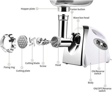 Електрична м'ясорубка та машина для ковбас 2800 Вт, з реверсом, 3 диски, набір для ковбас та куббе (біла)