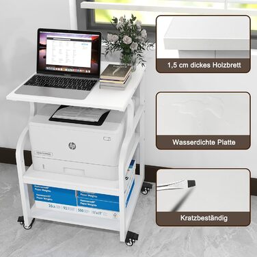 Регульований стіл для принтера PUNCIA з 3 ящиками, 60 x 50 см, на коліщатках, з дерева та металу, білий