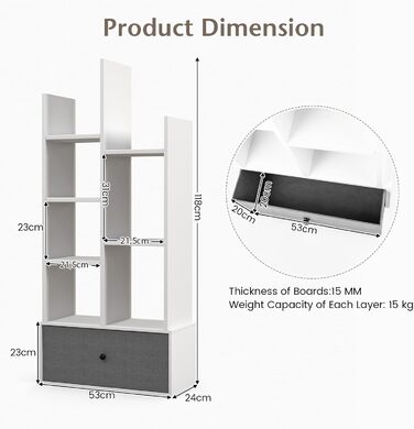 Книжкова шафа з 12 полицями та 2 висувними шухлядами, Дерев'яна офісна полиця, Стояча полиця з полицею проти нахилу, Полиця для зберігання для вітальні, кабінету, офісу (53 x 24 x 118 см, Білий)