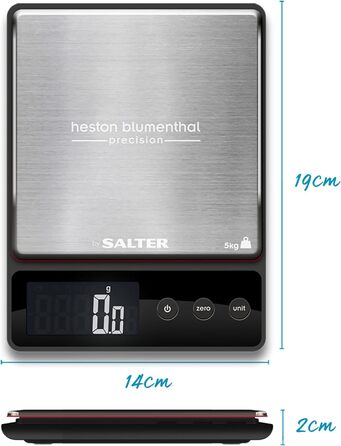 Цифрові кухонні ваги Heston Blumenthal by Salter 1140A HBBKDR - місткість 5 кг, вимірювання з кроком 0,5 г, функція додавання та зважування/тари, платформа з нержавіючої сталі, прецизійні ваги для вимірювання рідин з двома платформами